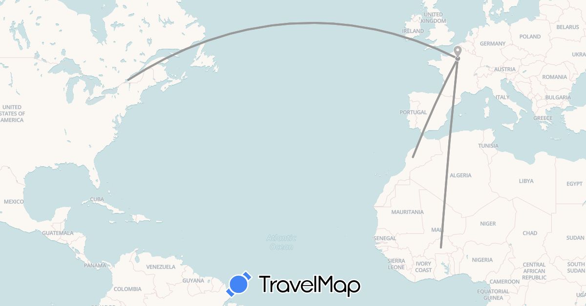 TravelMap itinerary: driving, plane in Burkina Faso, Canada, France, Morocco (Africa, Europe, North America)